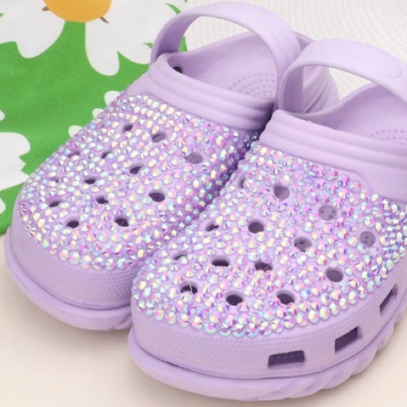 Purple Bling Rhinestone Crystal Slip On Croclike Slides Rubber Clogs Shoes - Picture 2 of 4